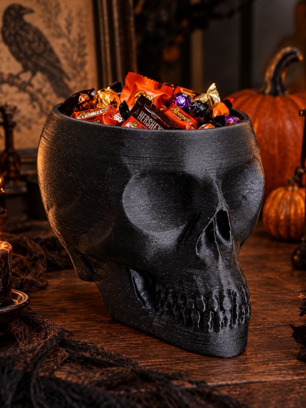 3D Printed Skull Candy Bowl Halloween Gothic Decor Black